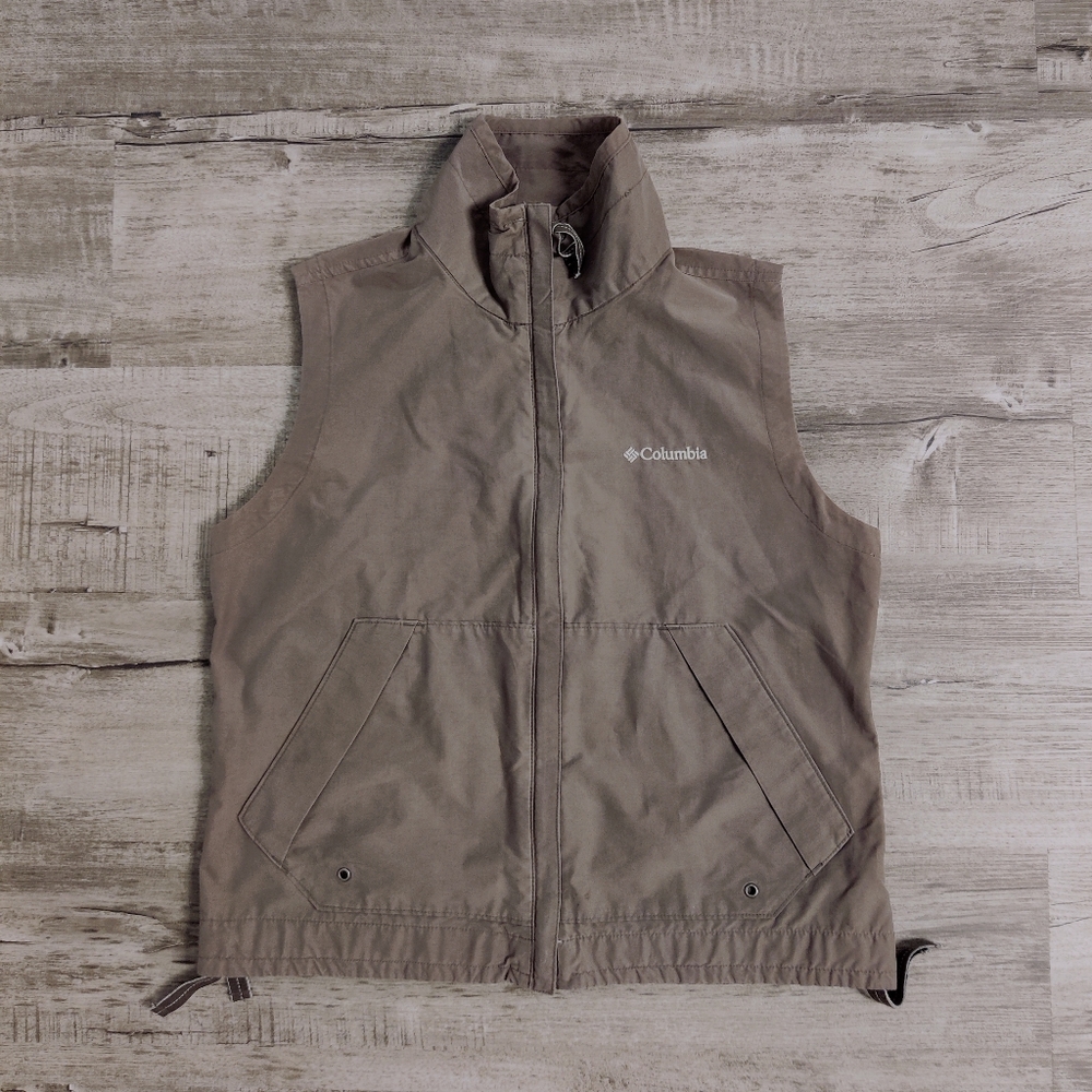 Columbia Brown Vest Women’s M Full Zip Drawstring Hem Pockets, EC, Omni Shade